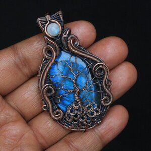 Tree Of Life GAIA Blue Moonstone Labradorite Tree of Life Pendant Copper Wire